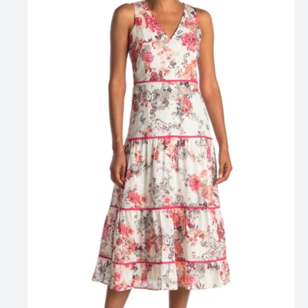 Taylor Pink and Gray Floral Midi Dress